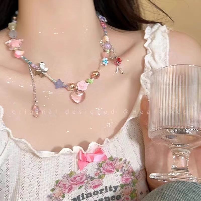 夏日甜心~彩虹糖果愛心串珠項鍊女高級感甜美鎖骨鏈小眾設計配飾