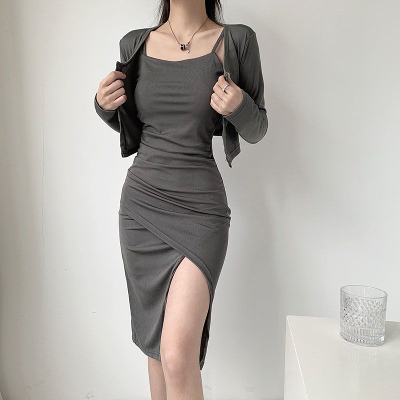 Pure Desire Hot Girl Two-piece Suit Dress Sexy  New Gray Suspender Slit Slim Dress Women Summer