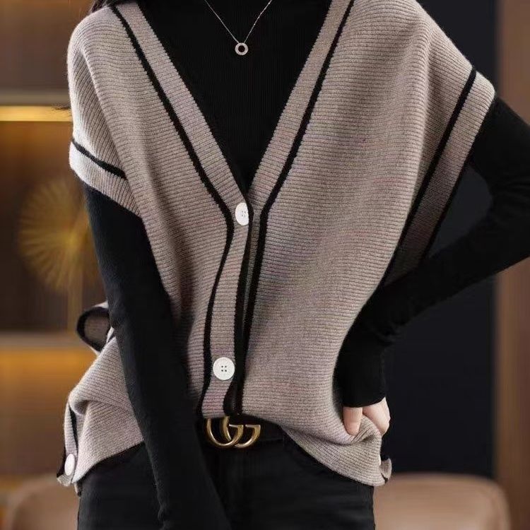 馬甲背心女2023早秋新款單排扣拼色無袖毛衣外套女寬鬆針織開衫女
