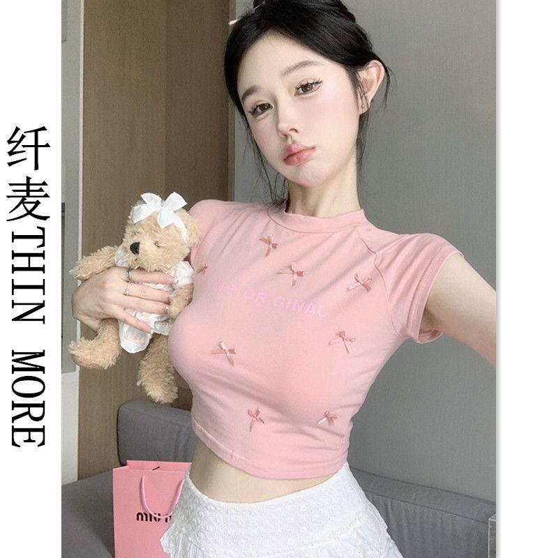 纖麥THIN MORE短袖t恤女夏粉色甜美蝴蝶結短款上衣辣妹別致打底衫