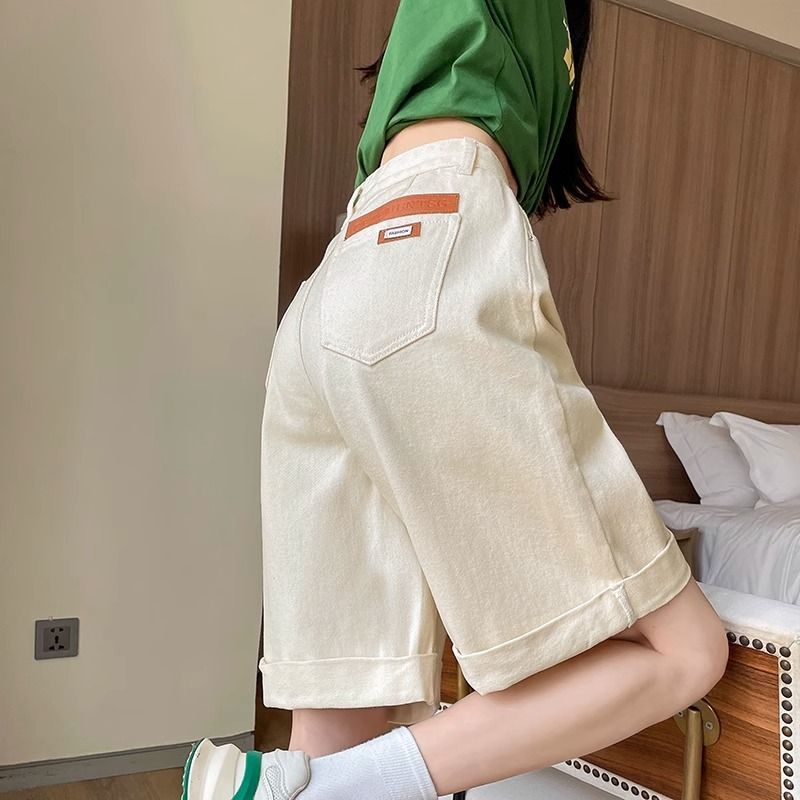 新款牛仔中褲五分褲女夏季梨形身材馬褲寬鬆闊腿卷邊高腰白色短褲