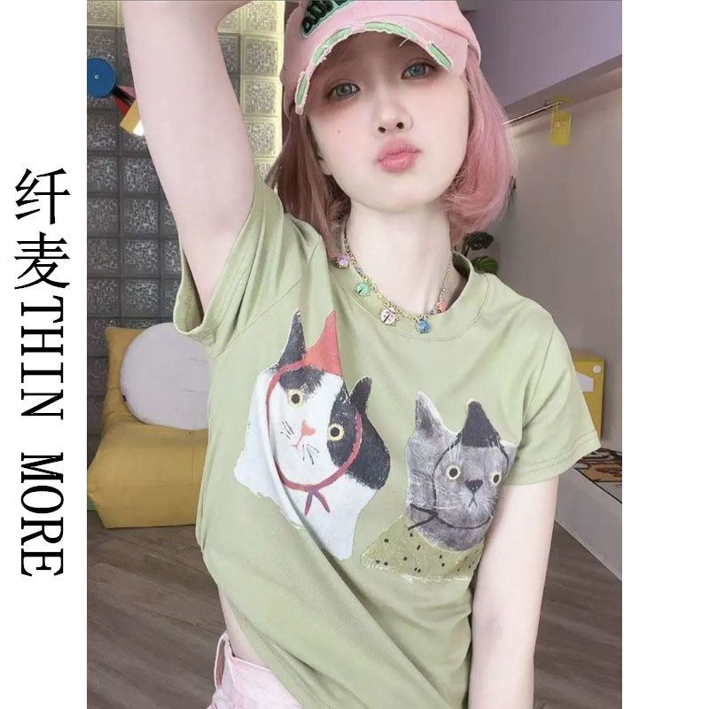 Fianmai THIN MORE American retro design niche fun cat print short-sleeved T-shirt women's new top