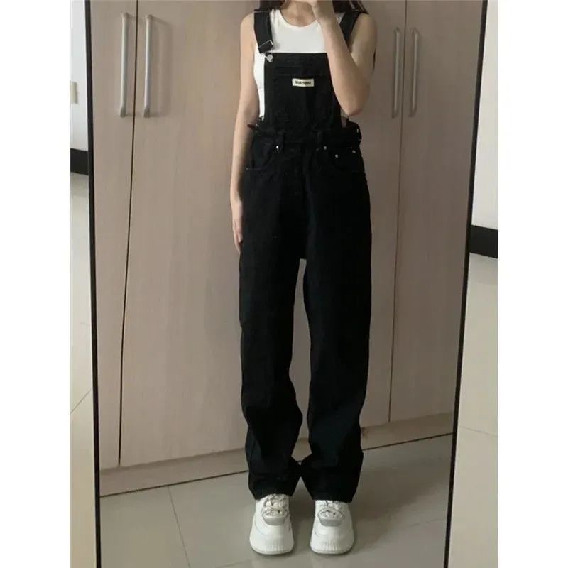 Black denim suspenders for women spring and autumn new ins loose slimming high waist straight suspenders floor mopping pants