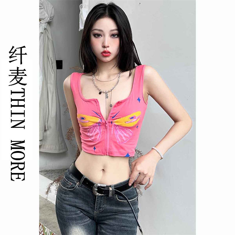 纖麥THIN MORE2023新款性感U領工字背心女蝴蝶印花短款無袖上衣夏
