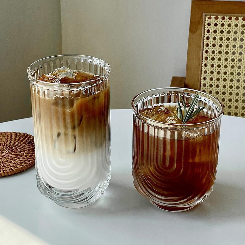 小众条纹U形玻璃杯 ins冰美式拿铁咖啡杯果汁杯饮料杯子家用水杯