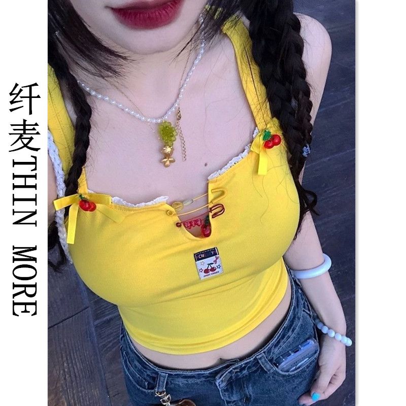 纖麥THIN MORE夏季甜美可愛串珠別針設計感露背交叉綁帶背心潮ins