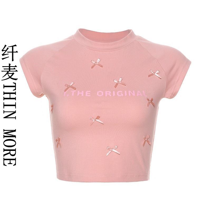 Fianmai THIN MORE sweet and spicy bow printed short-sleeved T-shirt, sweet short style and beautiful summer top for petite women