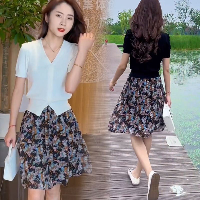 Blue sea Yinuo temperament ice silk short-sleeved floral skirt suit female 2023 summer small and thin two-piece suit