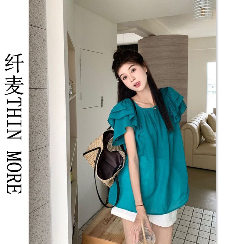 纖麥THIN MORE韓版甜美荷葉邊上衣夏季新款顯瘦百搭時尚襯衫女ins