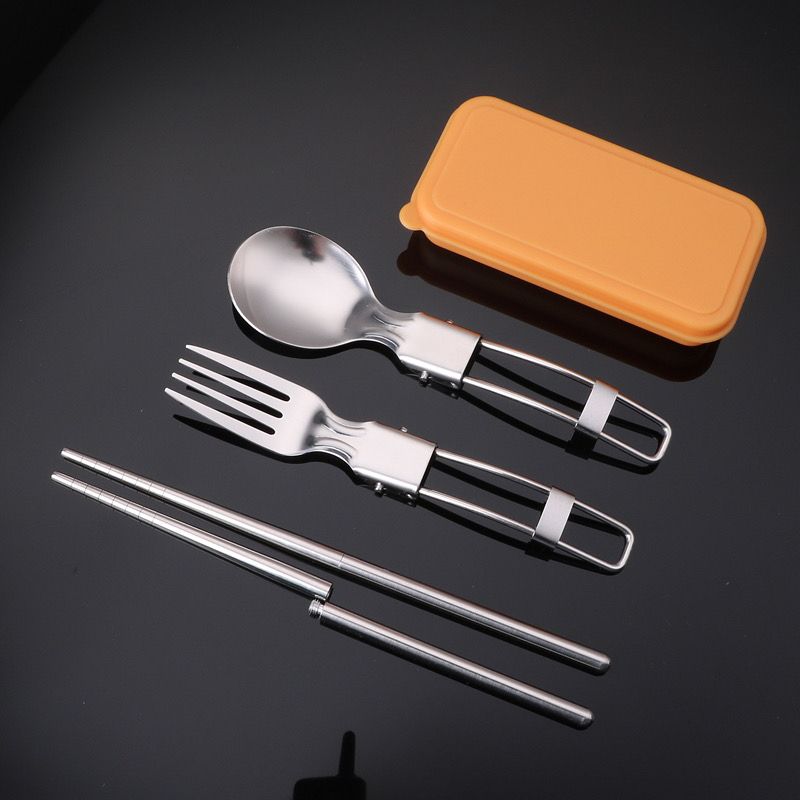 304不锈钢餐具套装一个人学生折叠筷子勺子三件套旅行便携餐具盒