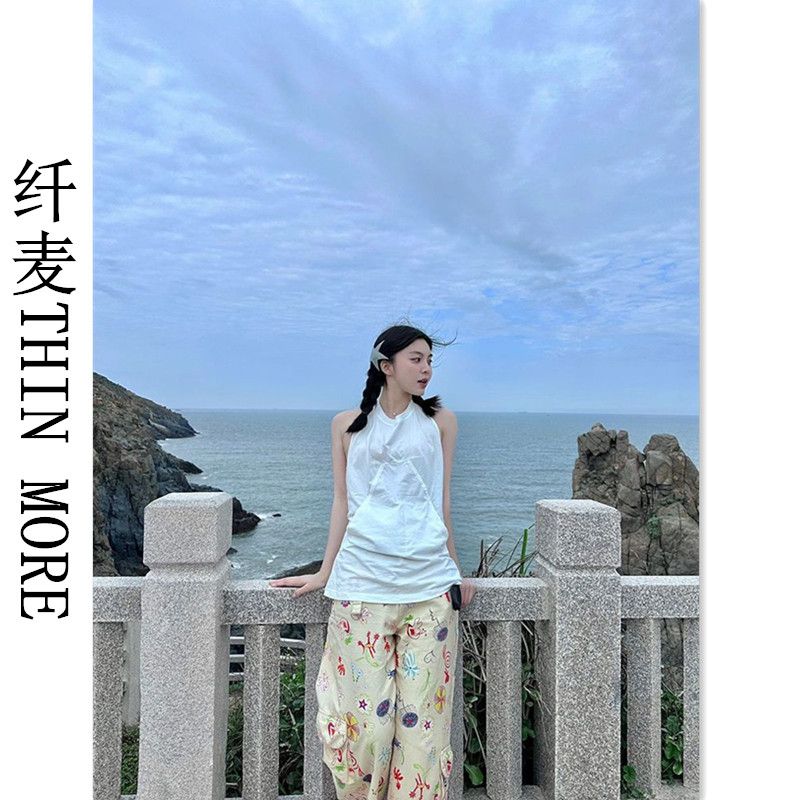 纖麥THIN MORE韓版氣質掛脖上衣夏季度假休閒港味無袖寬鬆上衣