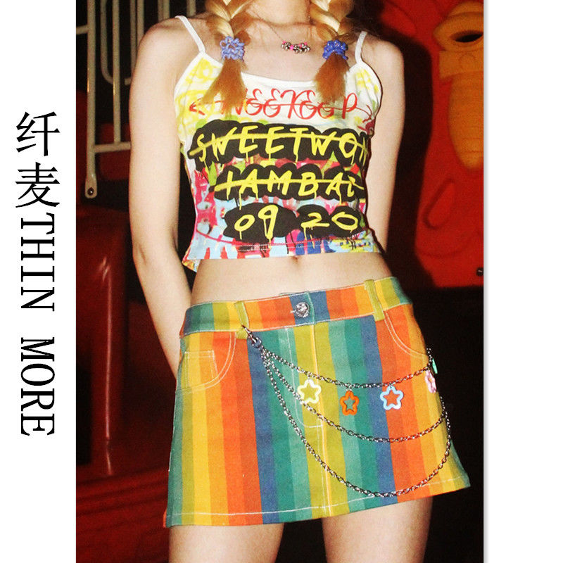 Fianmai THIN MORE sweet and cool hot girl versatile contrasting letter graffiti print slim small suspender T-shirt summer top
