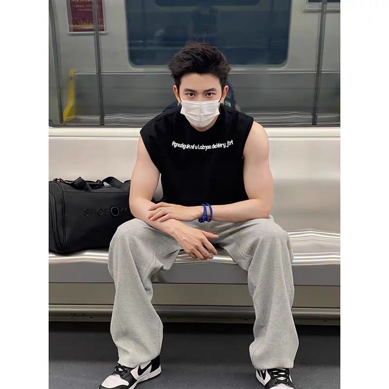 美式復古純棉無袖T恤男士夏季寬鬆運動健身坎肩背心潮牌上衣外穿