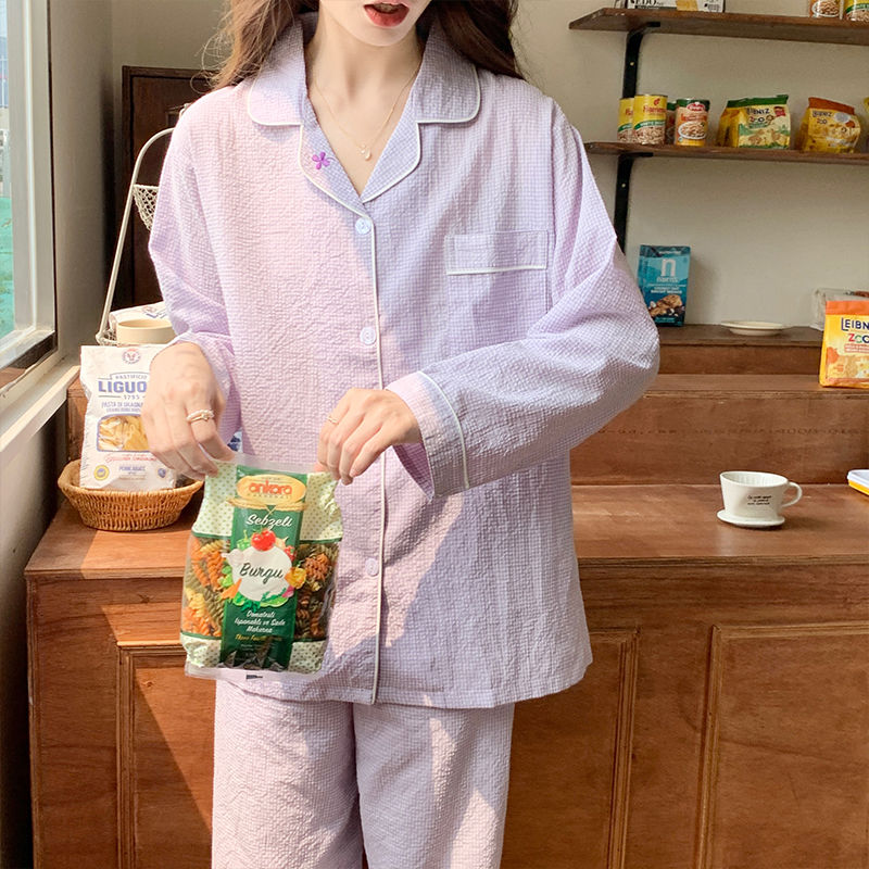 高級感長袖棉麻睡衣春秋女新款純棉四葉草兩件套女士休閒家居服