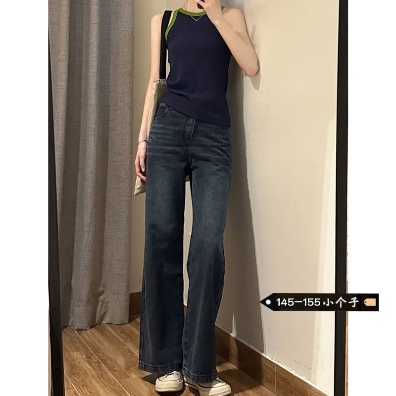 秋季復古高腰微喇叭牛仔褲女小個子直筒顯瘦寬鬆百搭闊腿長褲子潮