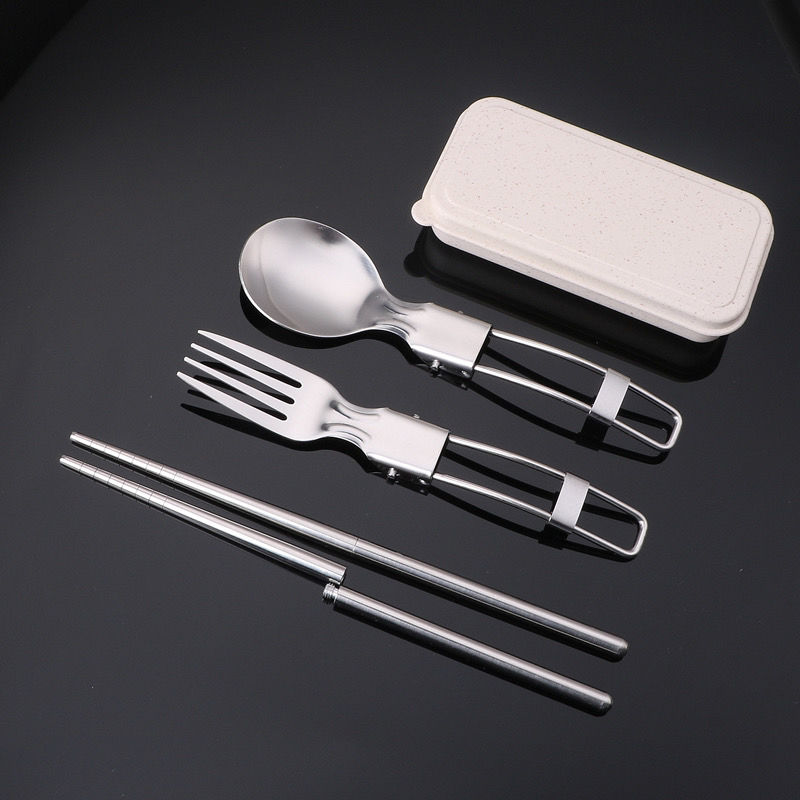 304不锈钢餐具套装一个人学生折叠筷子勺子三件套旅行便携餐具盒