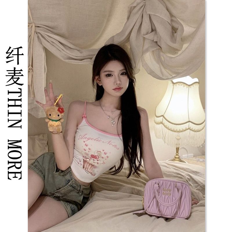 Fianmai THIN MORE Cartoon Print Camisole Women's Summer Sweet Hot Girl Contrast Color Short Top