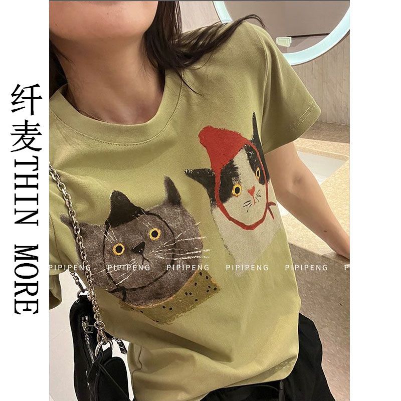 纖麥THIN MORE貓咪印花短袖t恤女夏季短款修身漂亮辣妹正肩上衣潮