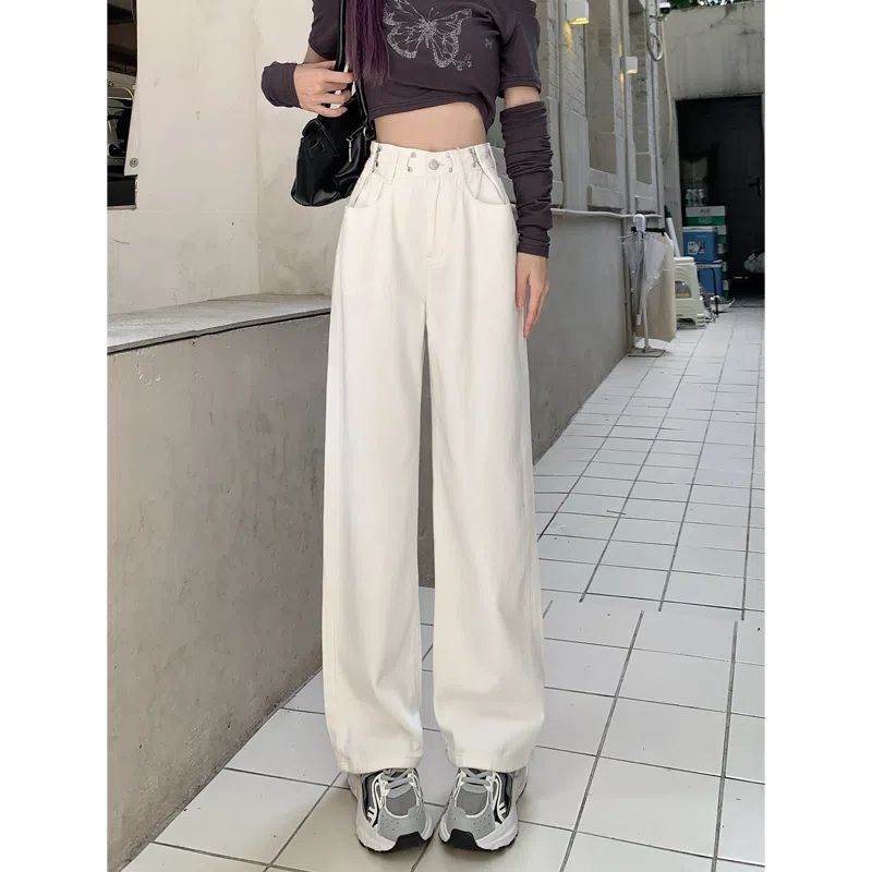 春秋季白色牛仔褲女夏2023新款高腰寬鬆闊腿顯瘦大碼垂感直筒褲子