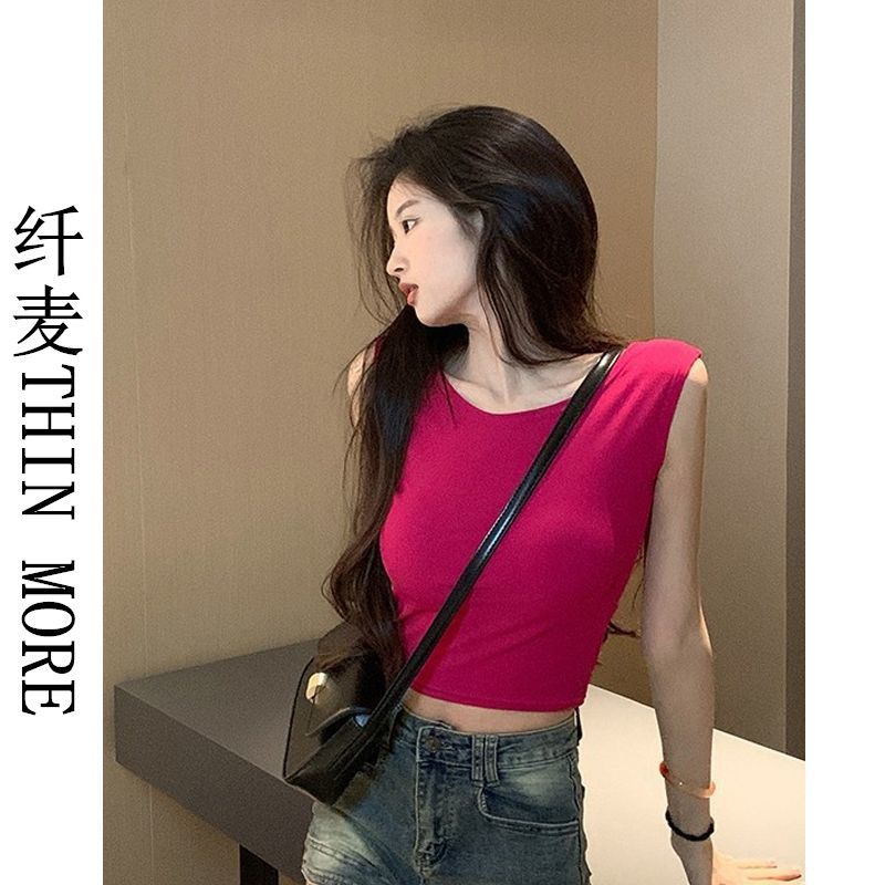纖麥THIN MORE辣妹背心修身外穿玫紅色露背吊帶上衣女夏季無袖t恤