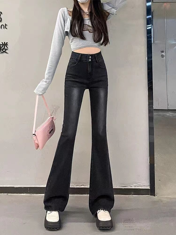 黑灰色彈力微喇叭牛仔褲女顯瘦拖地加長褲美式潮流復古秋冬季修身