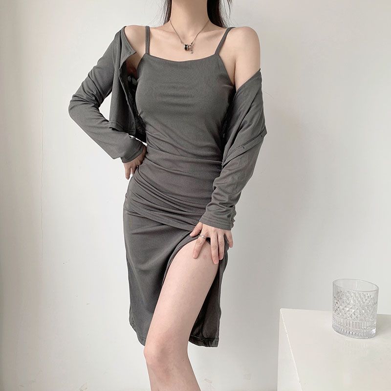 Pure Desire Hot Girl Two-piece Suit Dress Sexy  New Gray Suspender Slit Slim Dress Women Summer