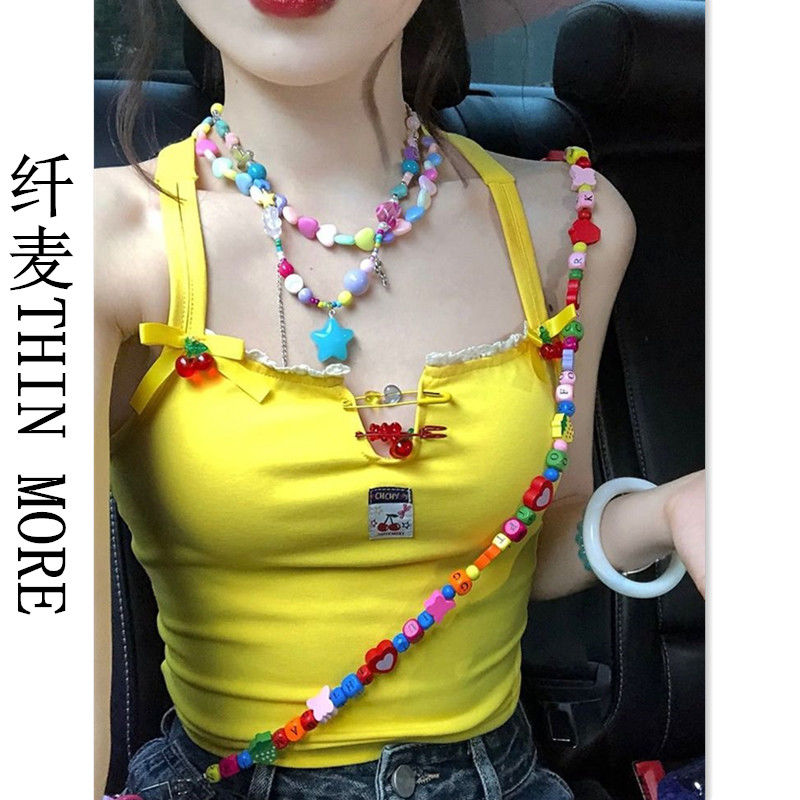 纖麥THIN MORE新款多巴胺穿搭露背交叉綁帶吊帶背心女夏辣妹上衣