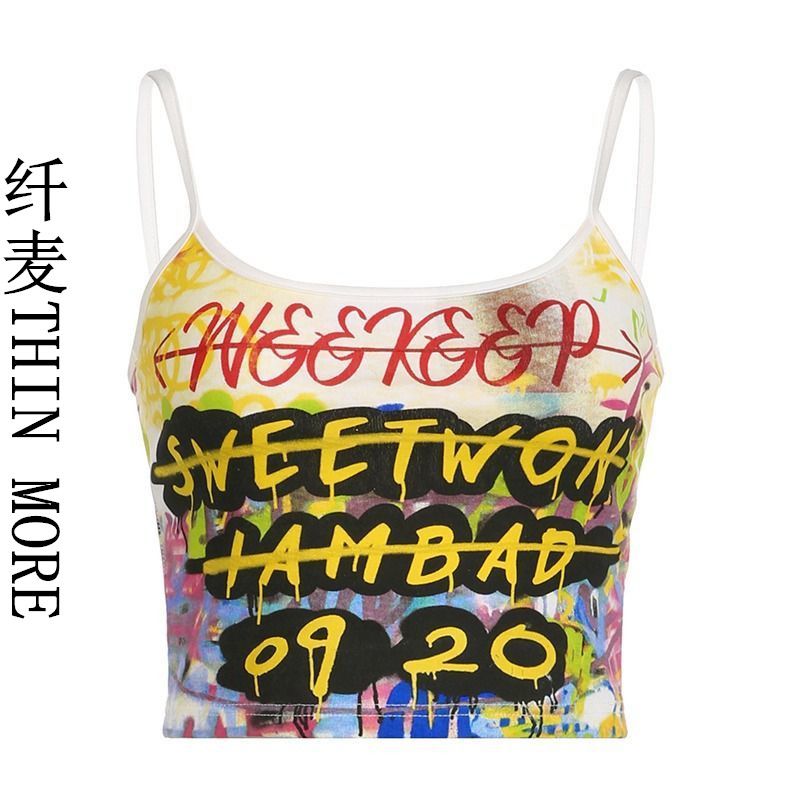 Fianmai THIN MORE graffiti letter print contrasting color summer millennium hot girl slim camisole top for women