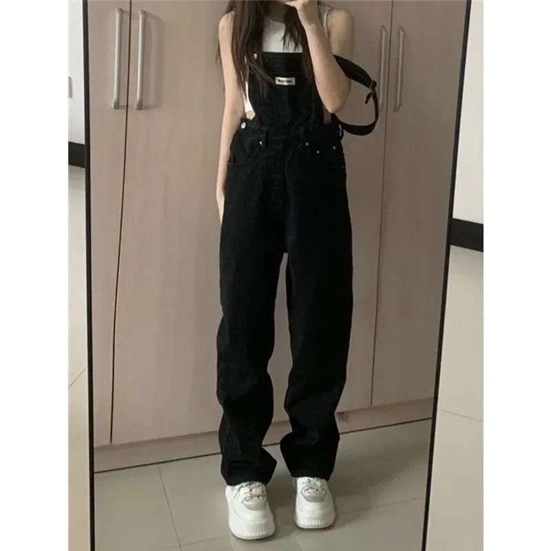 Black denim suspenders for women spring and autumn new ins loose slimming high waist straight suspenders floor mopping pants