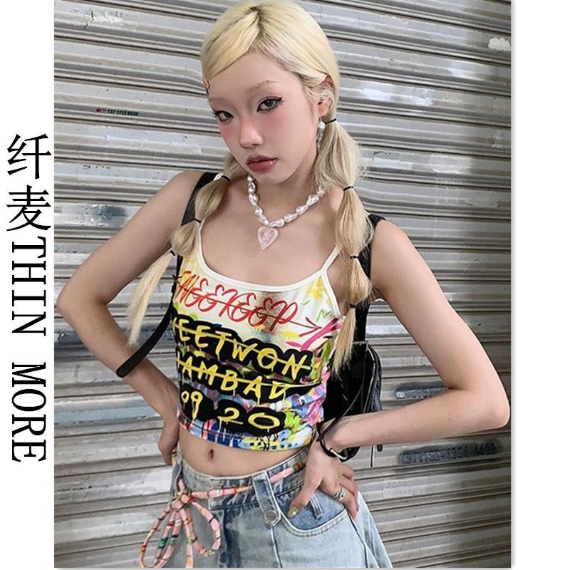 Fianmai THIN MORE Fun Graffiti Children's Letter Print Contrast Color Hot Girl Summer Slim Camisole Top