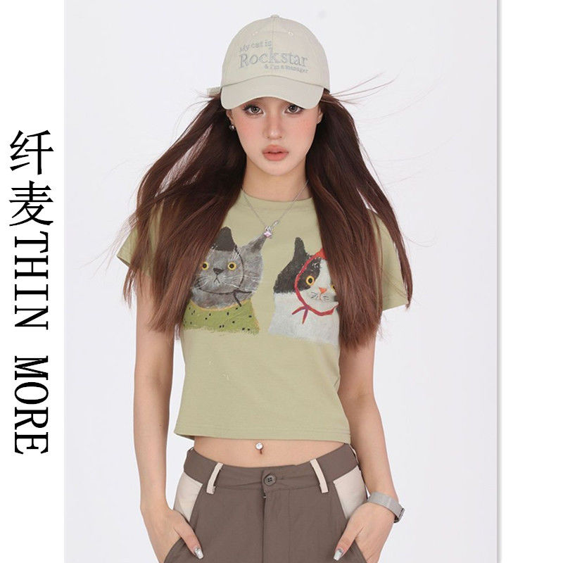 纖麥THIN MORE夏季新款貓咪圖案印花修身圓領短袖t恤設計感小眾女