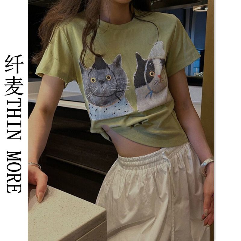 纖麥THIN MORE可愛貓咪印花短款T恤女夏歐貨女裝洋氣百搭短袖上衣