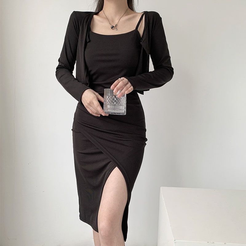 Pure Desire Hot Girl Two-piece Suit Dress Sexy  New Gray Suspender Slit Slim Dress Women Summer