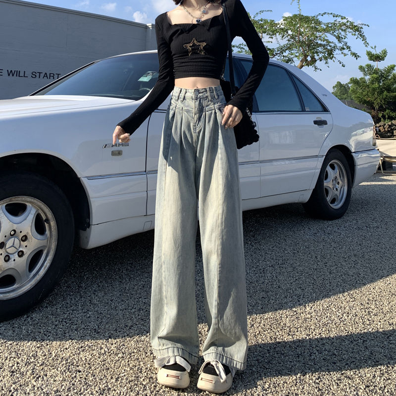 YSYOURS夏季淺色高腰闊腿牛仔褲女設計感大碼胖MM遮肉直筒拖地褲