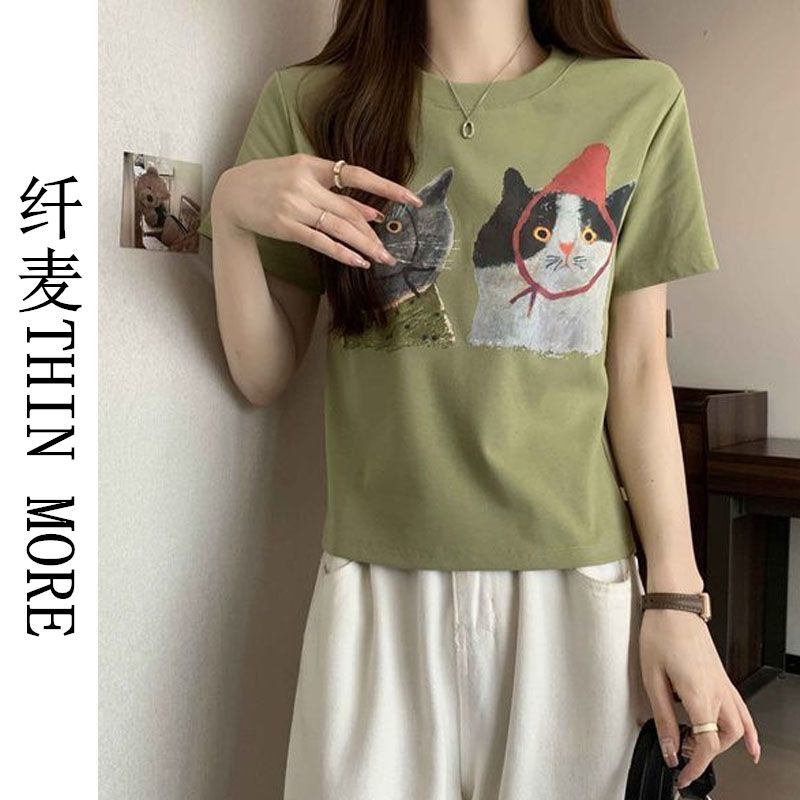 纖麥THIN MORE夏季新款正肩印花短袖t恤胖mm小個子寬鬆遮肚上衣韓