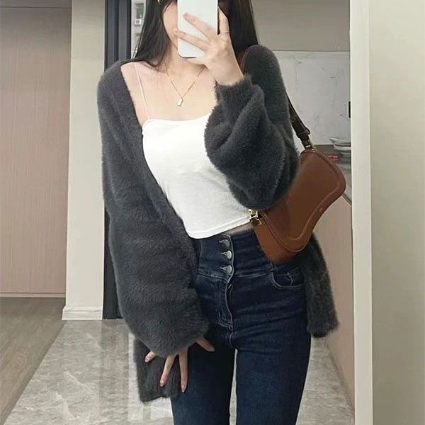 軟糯毛衣外套女2023秋冬慵懶風高級感小個子寬鬆仿水貂絨針織開衫
