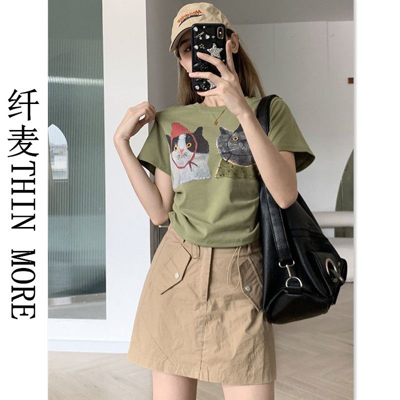 Fianmai THIN MORE American retro short-sleeved T-shirt for women summer new cat head print bottoming shirt pleated top