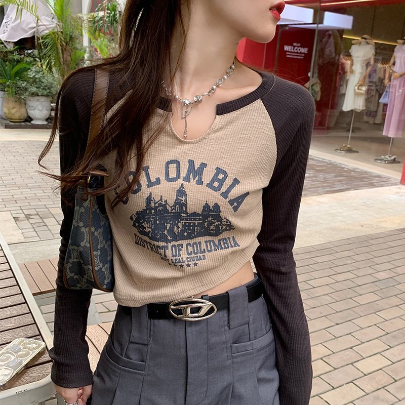 美式復古長袖T恤女2023新款春秋內搭打底衫設計感小眾短款上衣