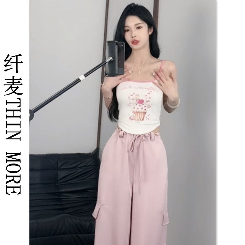 纤麦THIN MORE辣妹印花吊带背心女夏季设计感修身短款无袖上衣ins