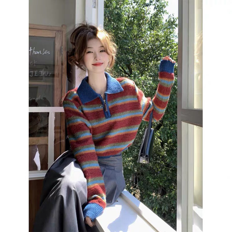 復古條紋撞色Polo領套頭毛衣女秋冬2023新款慵懶寬鬆短款針織上衣