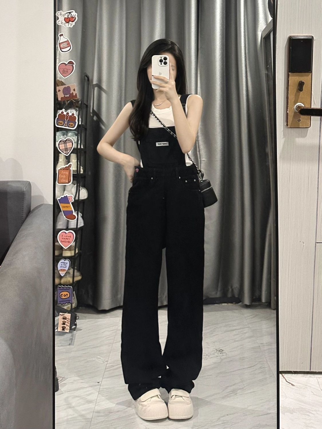 Black denim overalls for women  spring and autumn new ins trendy high-waisted loose slimming age-reducing straight overalls