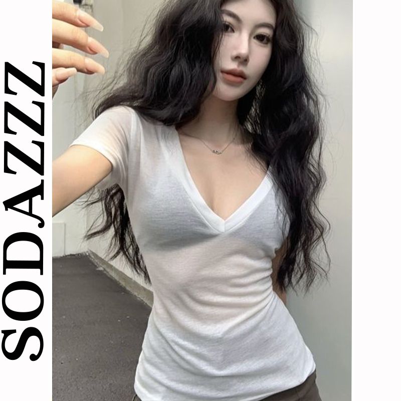 白色v領短袖t恤女夏季2023新款甜辣妹薄款透視鎖骨高級感收腰上衣