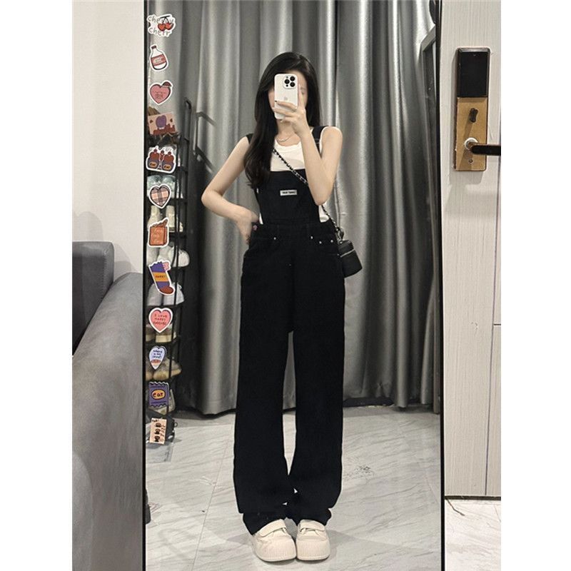 Black denim overalls for women  spring and autumn new ins trendy high-waisted loose slimming age-reducing straight overalls