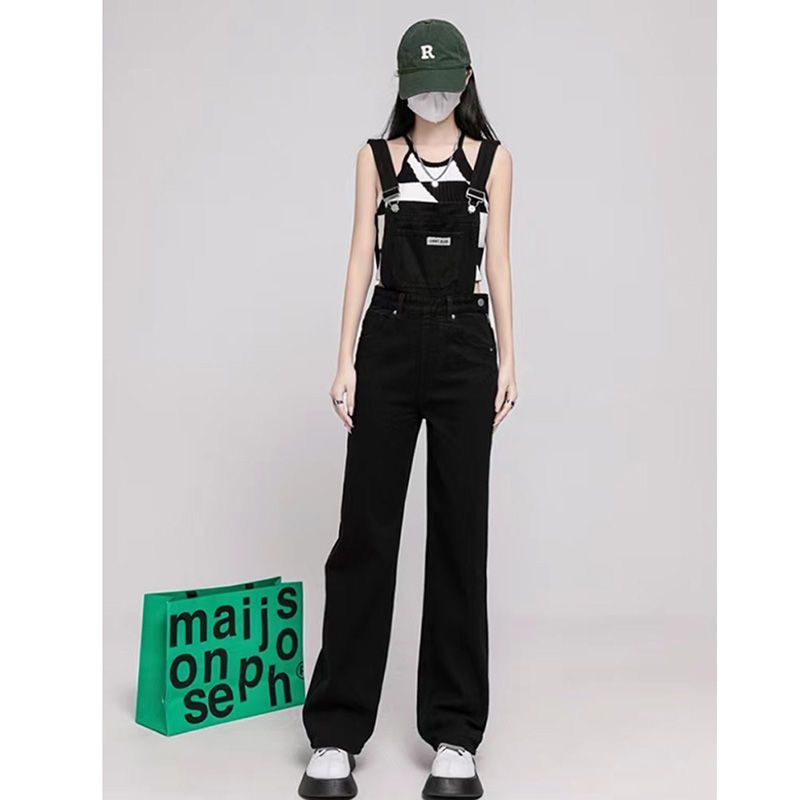 Black denim overalls for women  spring and autumn new high-waisted loose wide-leg design jumpsuit for small people