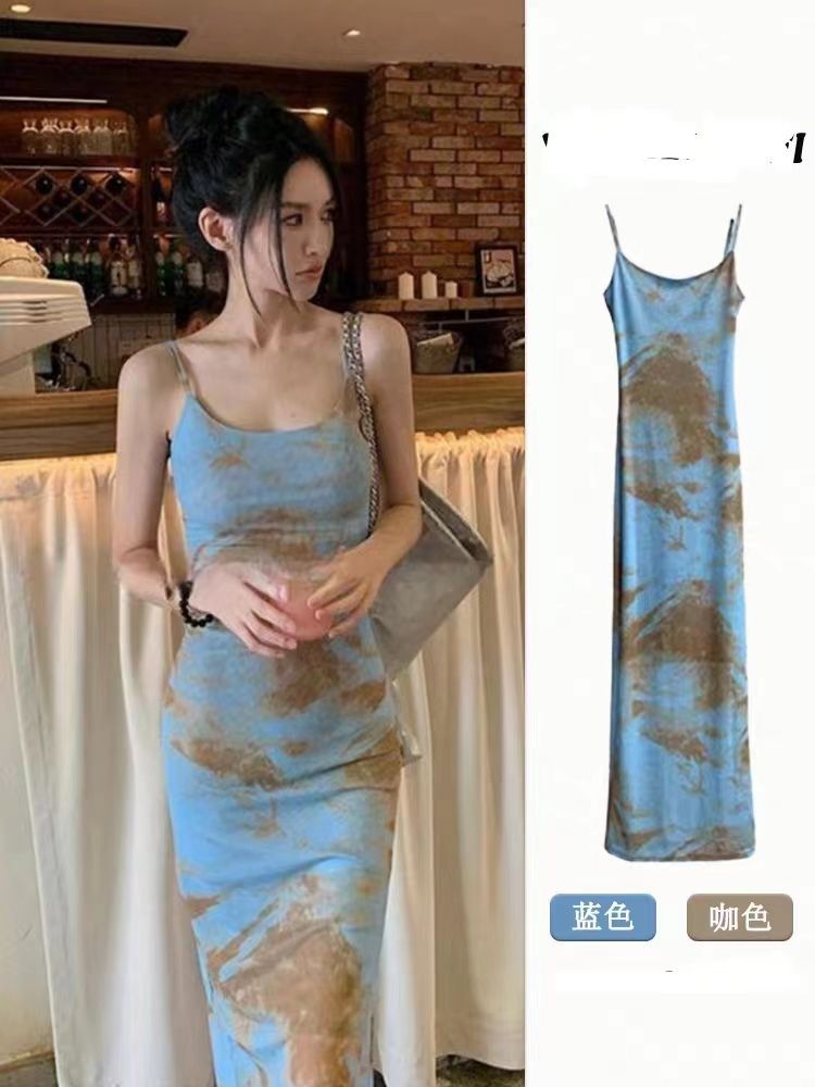 法式復古扎染吊帶連衣裙女2023夏季新款修身包臀裙辣妹開叉長裙子