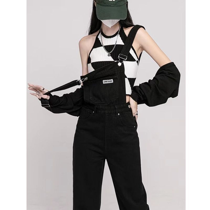 Black denim overalls for women  spring and autumn new high-waisted loose wide-leg design jumpsuit for small people