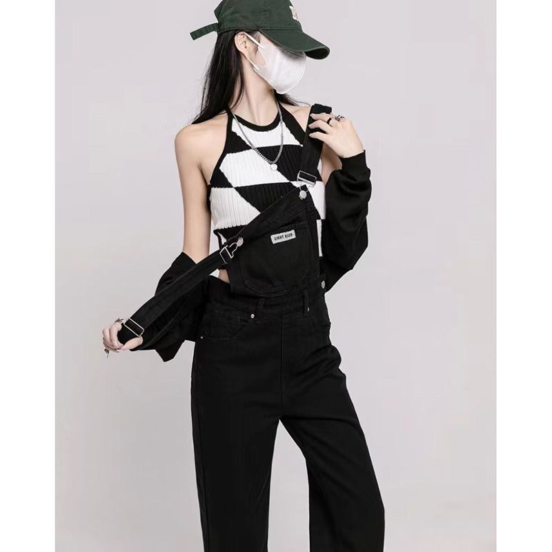 Black denim overalls for women  spring and autumn new high-waisted loose wide-leg design jumpsuit for small people