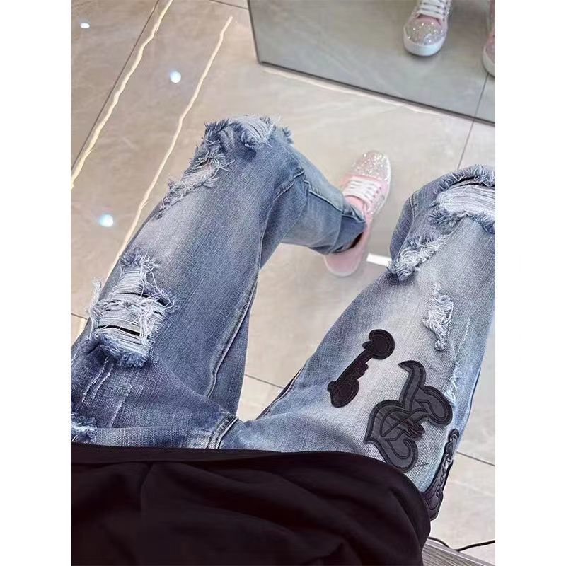 夏季貼布破洞牛仔褲男修身小直腳韓版彈力痞帥精神小伙潮流長褲子