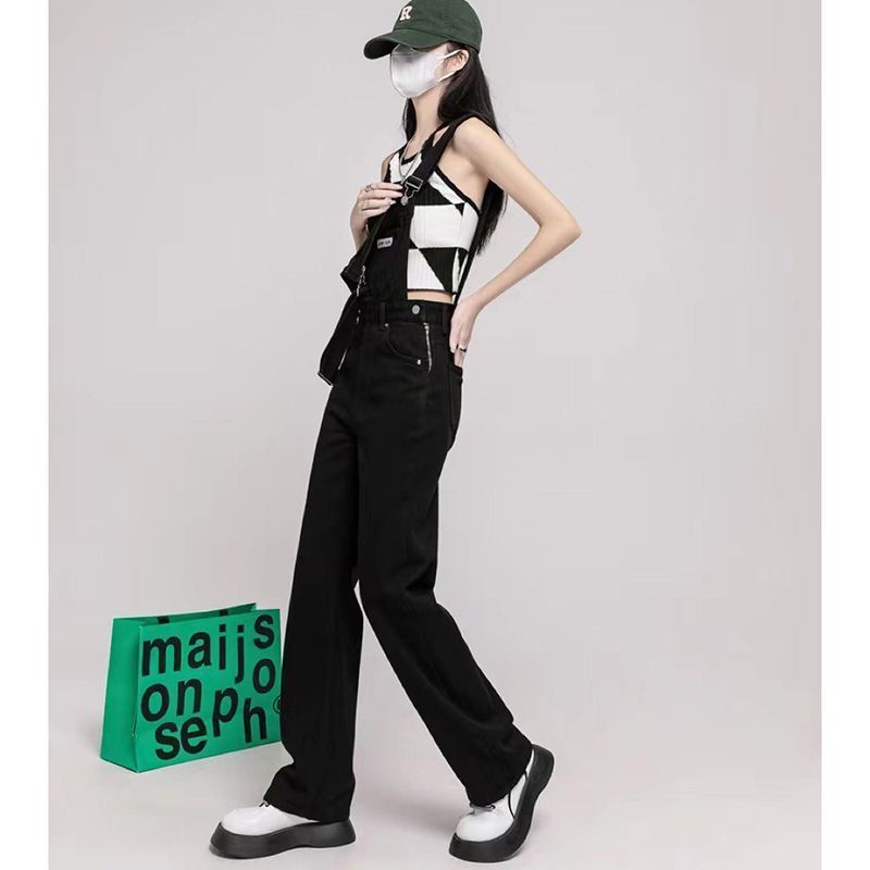 Black denim overalls for women  spring and autumn new high-waisted loose wide-leg design jumpsuit for small people