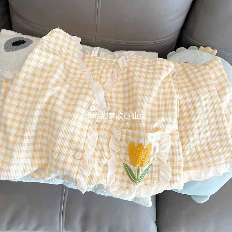 ins日系格子小花睡衣女夏季天新款短袖荷葉邊學生家居服套裝外穿